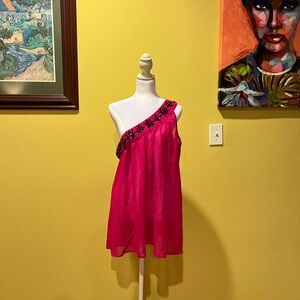 Hot Pink One-Shoulder Shirt with Black Bead/Sequin Detail, XL